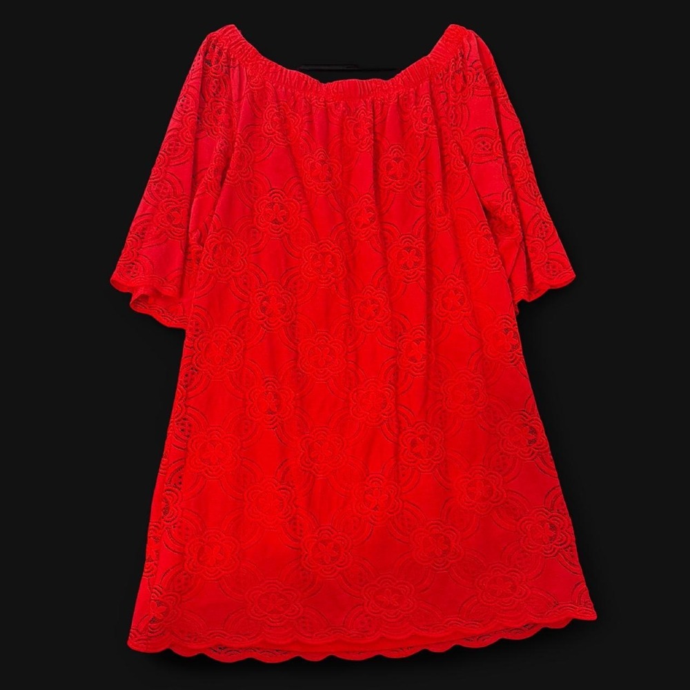 Tiana B Red Lace Shift Dress Size 14 Bell Sleeve Off Shoulder Cocktail - Picture 4 of 5